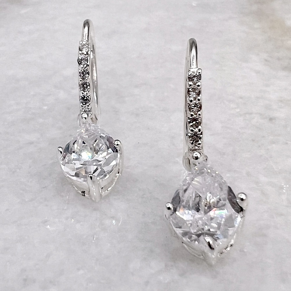 Diamond (Sim) Drop Sterling Silver Earrings - Picture 6 of 13